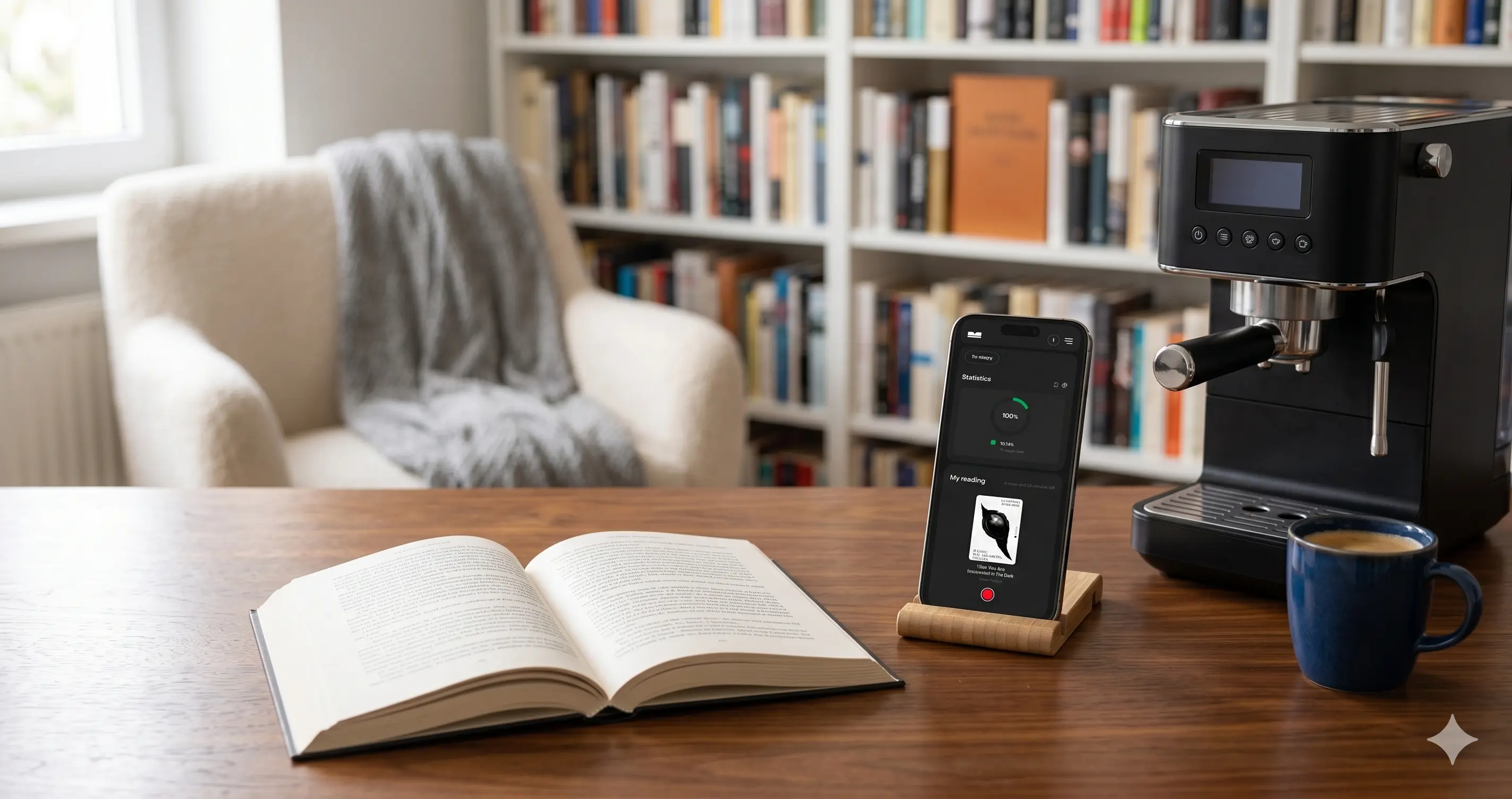cozy room with table and open book